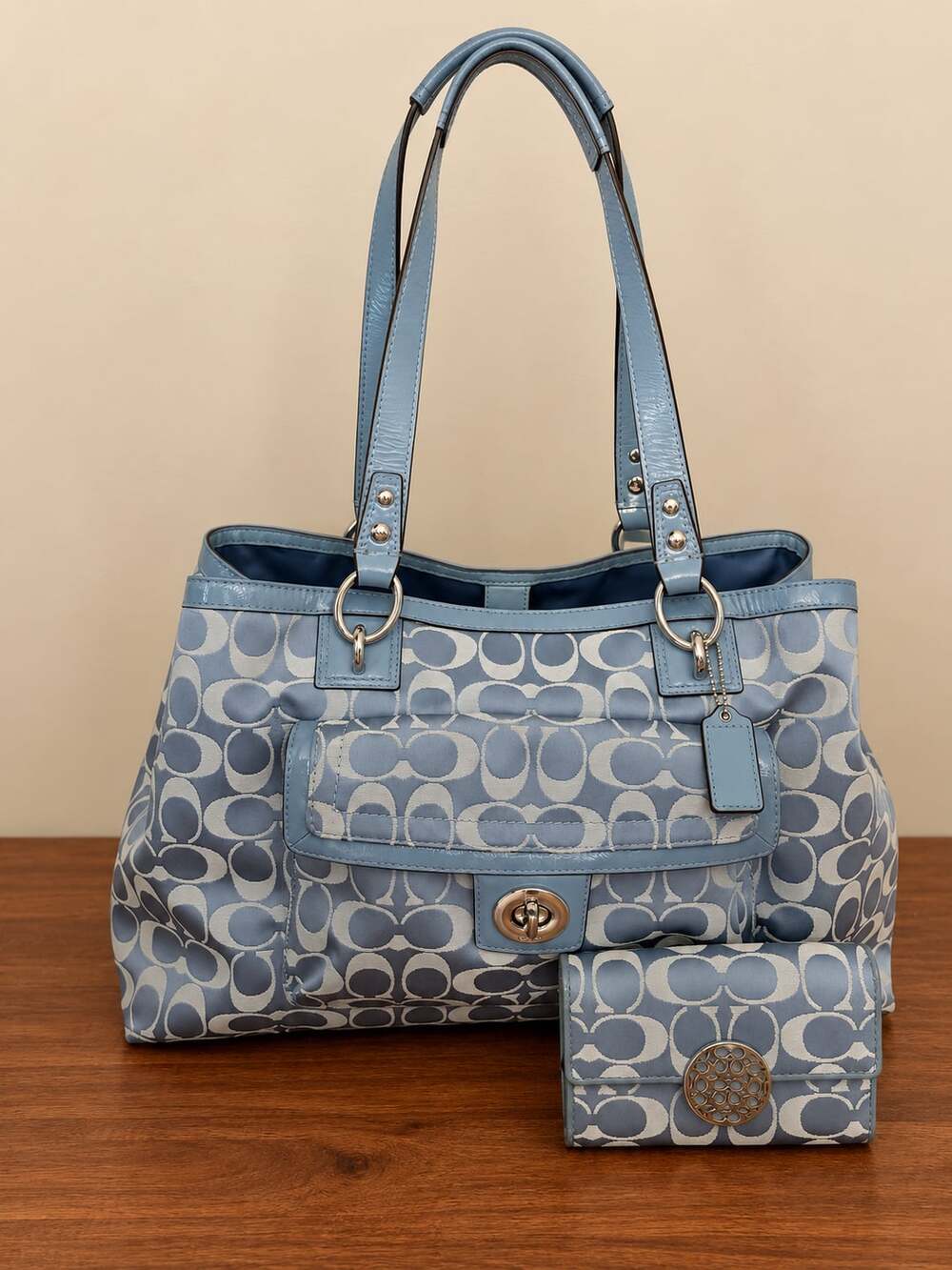 Coach Blue Signature C Jacquard Soho Flap Tote Bag And Wallet Set